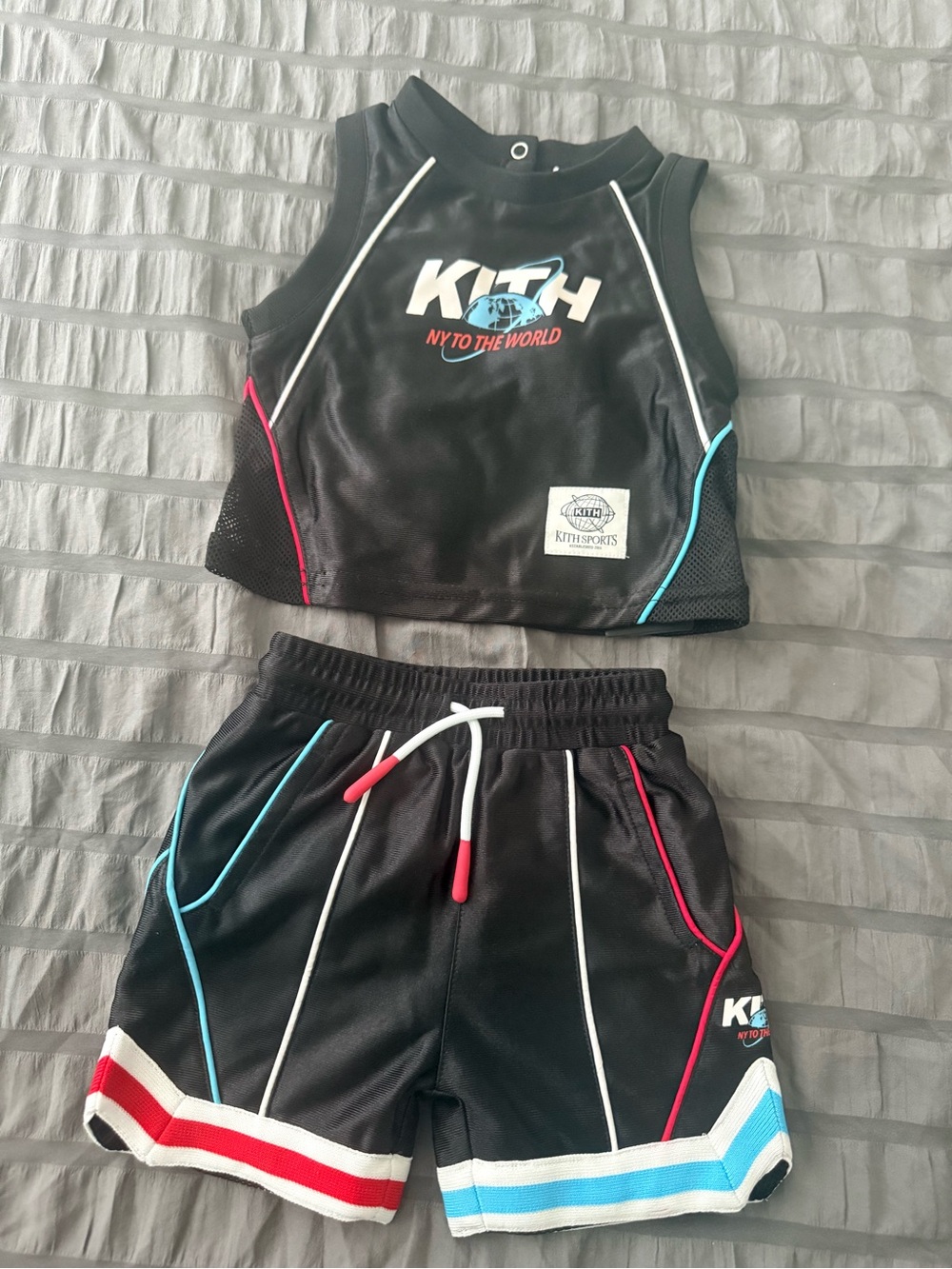 Kith Black Mesh Tank and Shorts Set with Red and Blue Trim